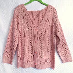 Vintage Dusty Pink Pointelle Open Knit Cardigan Sweater Cottagecore Hand Crafted